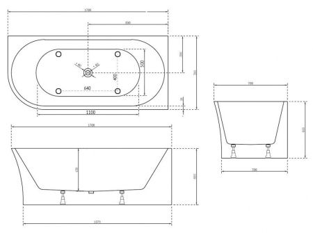 Ванна акриловая Abber AB9257-1.7 R 170х80 пристенная асимметричная с каркасом