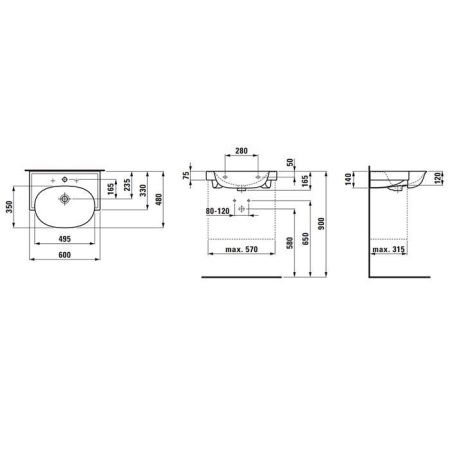 Раковина керамическая Laufen New Classic 8.1385.3.000.108.1 60 см накладная цвет белый 3 отверстия под смеситель