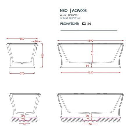 Ванна из искусственного камня Artceram Neo ACW003 03 nero 180х85 отдельностоящая овальная