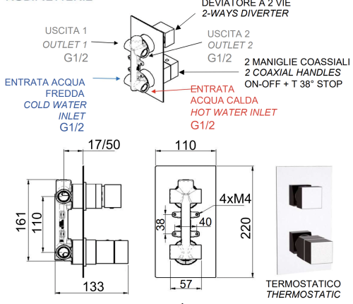 Смеситель для душа Remer Q-Elegance QT92 встраиваемый в стену хром с термостатом - фото 2