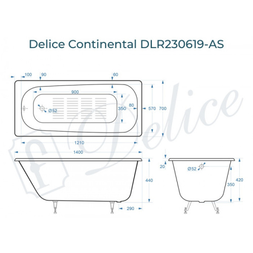 Ванна чугунная Delice Continental DLR230619-AS 140х70 пристенная прямоугольная - фото 2