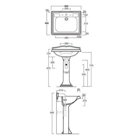 Раковина из сантехнического фаянса Simas Arcade AR824bi*3 70х50 подвесная цвет белый 3 отверстия под смеситель