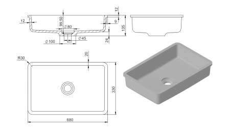 Раковина из искусственного камня Holbi NEPTUNE 65 1.02.013.11.1 70х30 встраиваемая цвет белый