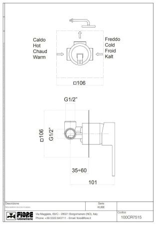Смеситель Fiore Kube 100CR7515 встраиваемый в стену хром