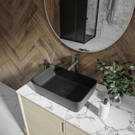 Раковина из сантехнического фарфора Teymi Helmi T50293 48х37 накладная цвет черный без отверстий под смеситель