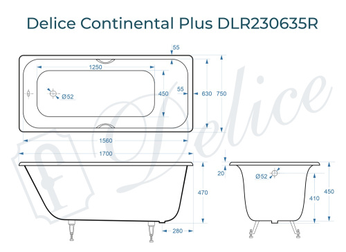 Ванна чугунная Delice Continental PLUS DLR230635R 170х75 пристенная прямоугольная без ножек с отверстиями под ручки - фото 3