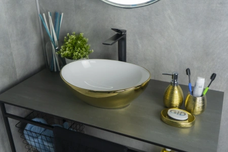 Раковина керамическая Gid Esfera 52229 40х30 накладная цвет белый/золото без отверстий под смеситель