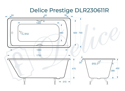 Ванна чугунная Delice Prestige DLR230611R 175х75 пристенная прямоугольная без ножек с отверстиями под ручки - фото 3