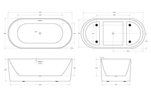 Ванна акриловая BelBagno BB411-1700-800-MATT 170х80 отдельностоящая овальная - фото 4