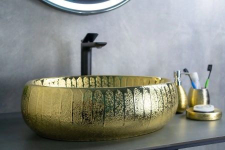 Раковина керамическая Gid Lago 52234 50х30 накладная цвет золото без отверстий под смеситель