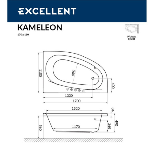Ванна гидромассажная Excellent KAMELEON WAEX.KMP17.LINE.WH 170х110  асимметричная - фото 3