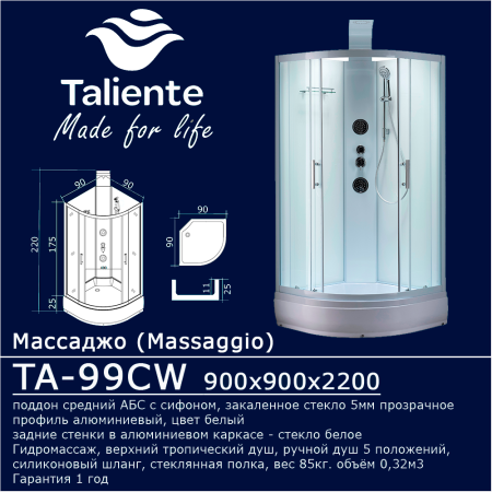 Душевая кабина Taliente TA-99CW 90х90 четверть круга без крыши ориентация универсальная