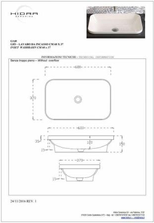 Раковина керамическая Hidra Gio G140/006 60х40 встраиваемая цвет белый без отверстий под смеситель