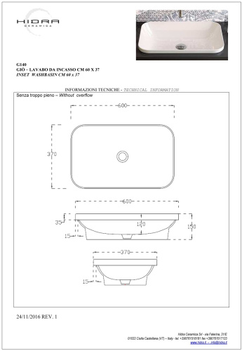 Раковина керамическая Hidra Gio G140/026 60х37 встраиваемая цвет черный матовый без отверстий под смеситель - фото 2
