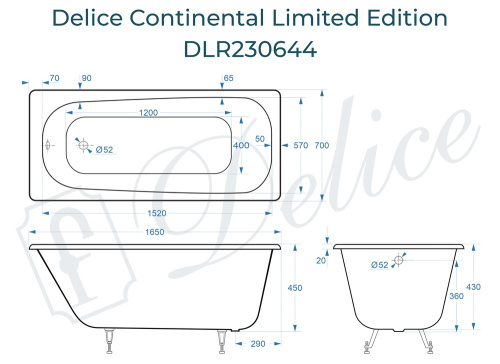 Ванна чугунная Delice Continental Limited Edition DLR230644 165х70 пристенная прямоугольная без ножек - фото 3