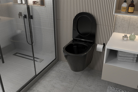 Унитаз подвесной Abber Bequem AC1102MB черный матовый с сиденьем микролифт безободковый каскадный смыв