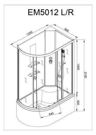 Душевая кабина AvaCan EM5012RNLED+GM 120х90 асимметричная без крыши ориентация правая