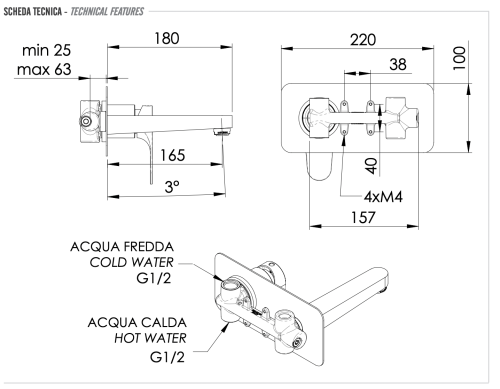Смеситель для раковины Remer Class Line L15 встраиваемый в стену хром - фото 2