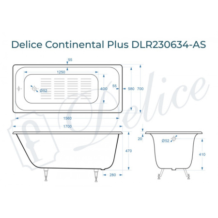 Ванна чугунная Delice Continental PLUS DLR230634-AS 170х70 пристенная прямоугольная без ножек с антискользящим покрытием