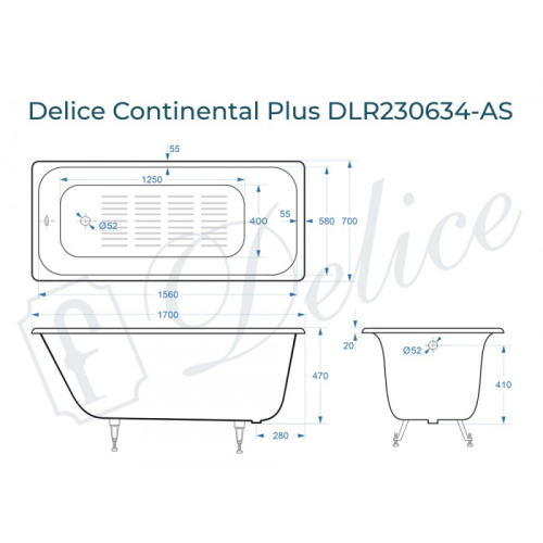 Ванна чугунная Delice Continental PLUS DLR230634-AS 170х70 пристенная прямоугольная - фото 2