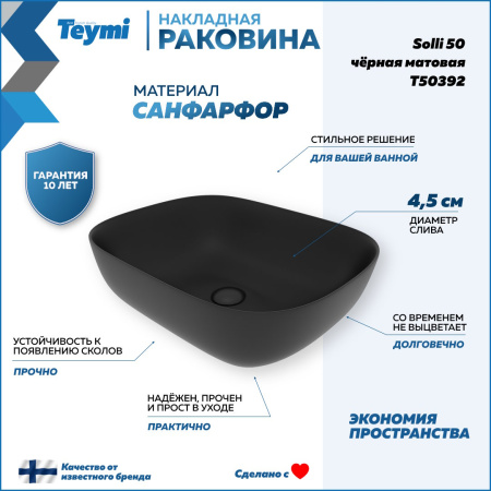 Раковина из сантехнического фарфора Teymi Solli T50392 49х40 накладная цвет черный без отверстий под смеситель