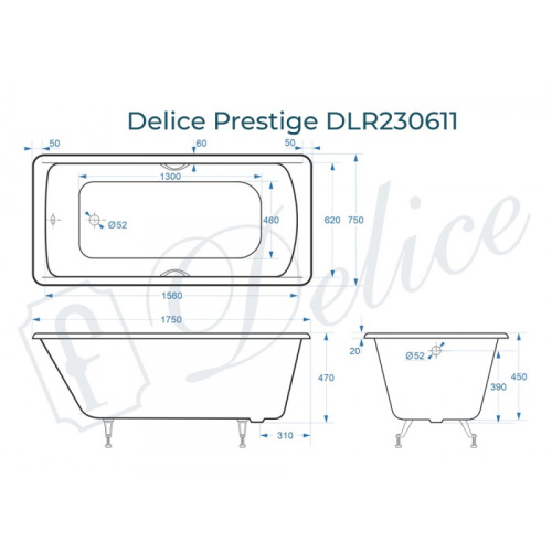 Ванна чугунная Delice Prestige DLR230611 175х75 пристенная прямоугольная - фото 2