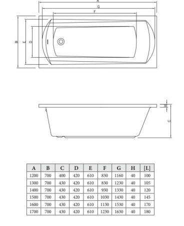 Ванна акриловая C-Bath CBQ003001 120х70 пристенная прямоугольная