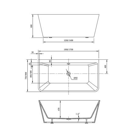 Ванна акриловая Vincea VBT-425-1700 170х80 пристенная прямоугольная