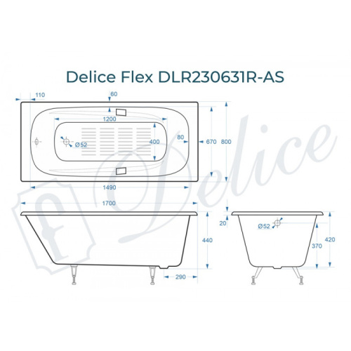 Ванна чугунная Delice Flex DLR230631R-AS 170х80 пристенная прямоугольная - фото 2
