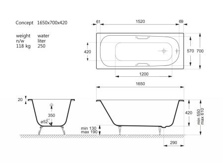Ванна чугунная Vinsent Veron Concept VCO1657042H/VH0015GD 165х70 пристенная прямоугольная с ножками с ручками