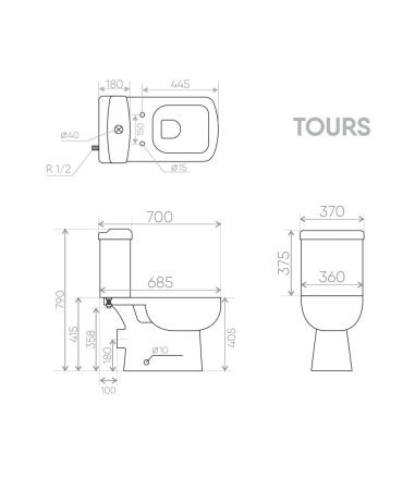 Унитаз напольный с бачком Creo Сeramique TOURS COMBO-TO1003 белый с сиденьем с микролифт душевой смыв