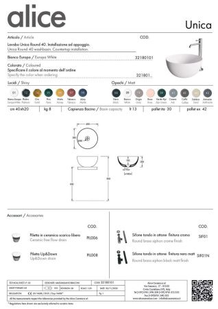 Раковина керамическая Alice Unica 32180101 40х40 накладная цвет белый