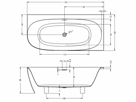Ванна акриловая Riho OMEGA CORNER B098001005 170х80 пристенная асимметричная с ножками