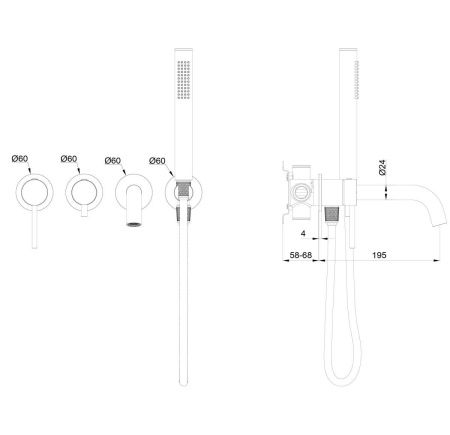 Смеситель для ванны Wonzon & Woghand Stick WW-889017-BN встраиваемый в стену никель