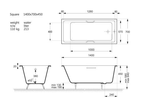 Ванна чугунная Vinsent Veron Square VSQ1407045H/VH0012BR 140х70 пристенная прямоугольная с ножками с ручками