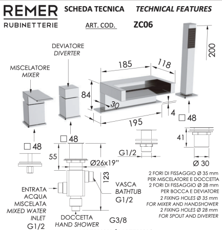 Смеситель Remer ZC06 на борт ванны хром