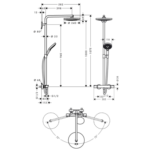 Душевая стойка Hansgrohe Raindance S 27129000 настенная цвет хром с термостатом - фото 2