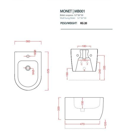 Биде подвесное Artceram Monet MNB001 05 00 цвет белый