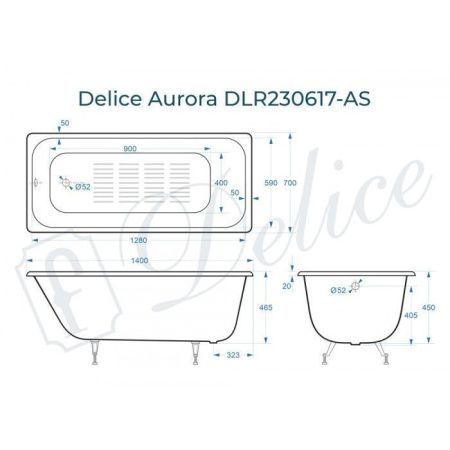 Ванна чугунная Delice Aurora DLR230617-AS 140х70 пристенная прямоугольная без ножек с антискользящим покрытием