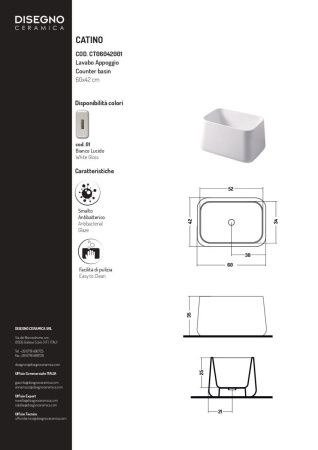Раковина керамическая Disegno Ceramica Catino CT06042001 60х40 накладная цвет белый
