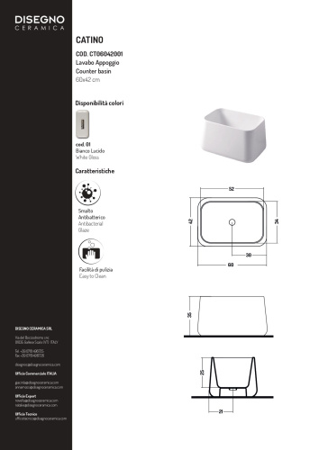 Раковина Disegno Ceramica Catino 60 см CT06042001 накладная цвет белый глянцевый - фото 3