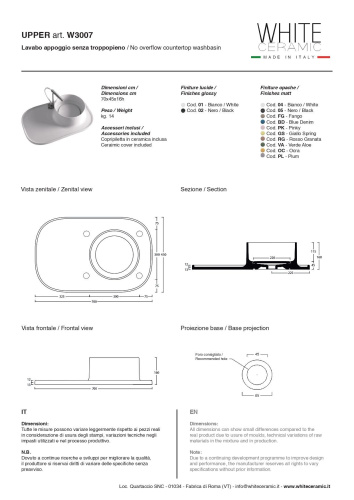 Раковина White Ceramic Upper 70 см W3007F01 накладная цвет белый глянцевый - фото 3