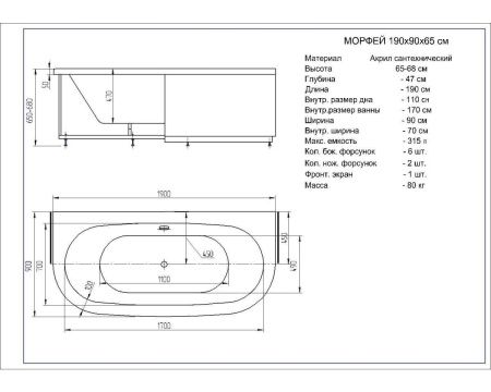 Ванна акриловая Aquatek Морфей MOR190-0000059 190х90 пристенная асимметричная с каркасом без ручек