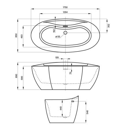 Ванна акриловая Wellsee L’aster 236301000 175х85 отдельностоящая асимметричная с ножками