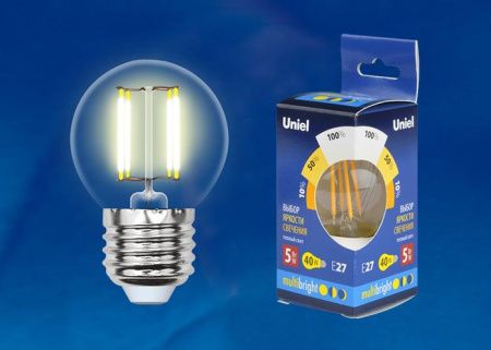 Лампа светодиодная филаментная Uniel Multibright (Мултибригхт) LED-G45-5W/WW/E14/CL/MB GLM10TR картон