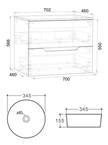 Тумба с раковиной Orange Line Li-70TubMDF+B07-345W 70х46х72 подвесная цвет черный матовый - фото 5