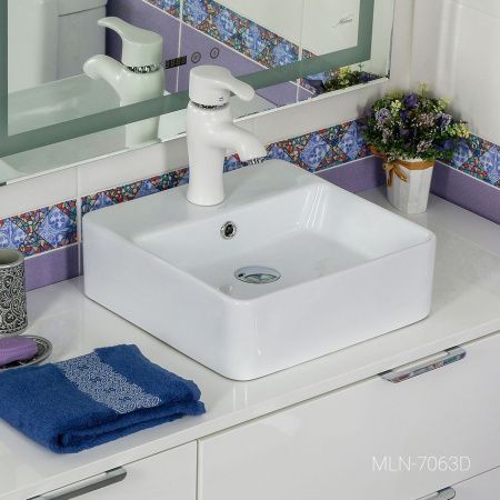 Раковина из сантехнического фарфора Melana 7063D-805 40х40 накладная цвет белый 1 отверстие под смеситель