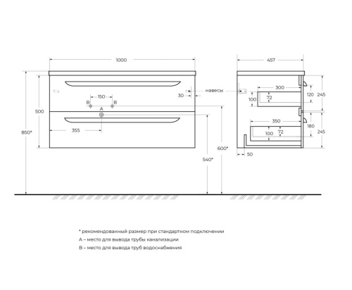 Тумба под раковину Cezares ECO-CER ECO-CER-N-1000-2C-SO-BL-L 100х45,7х50 - фото 2
