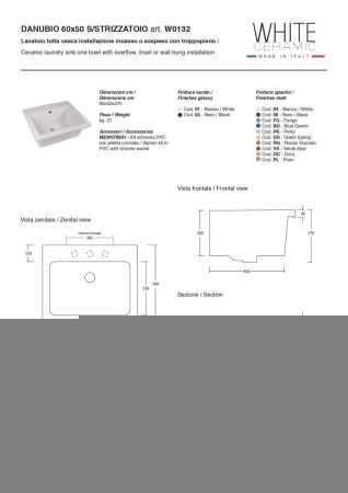 Раковина керамическая White Ceramic Постирочные раковины W013201 60х50 встраиваемая цвет белый
