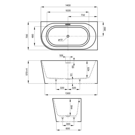 Ванна акриловая Wellsee Excellence Pro 287609000 140х70 пристенная асимметричная с ножками